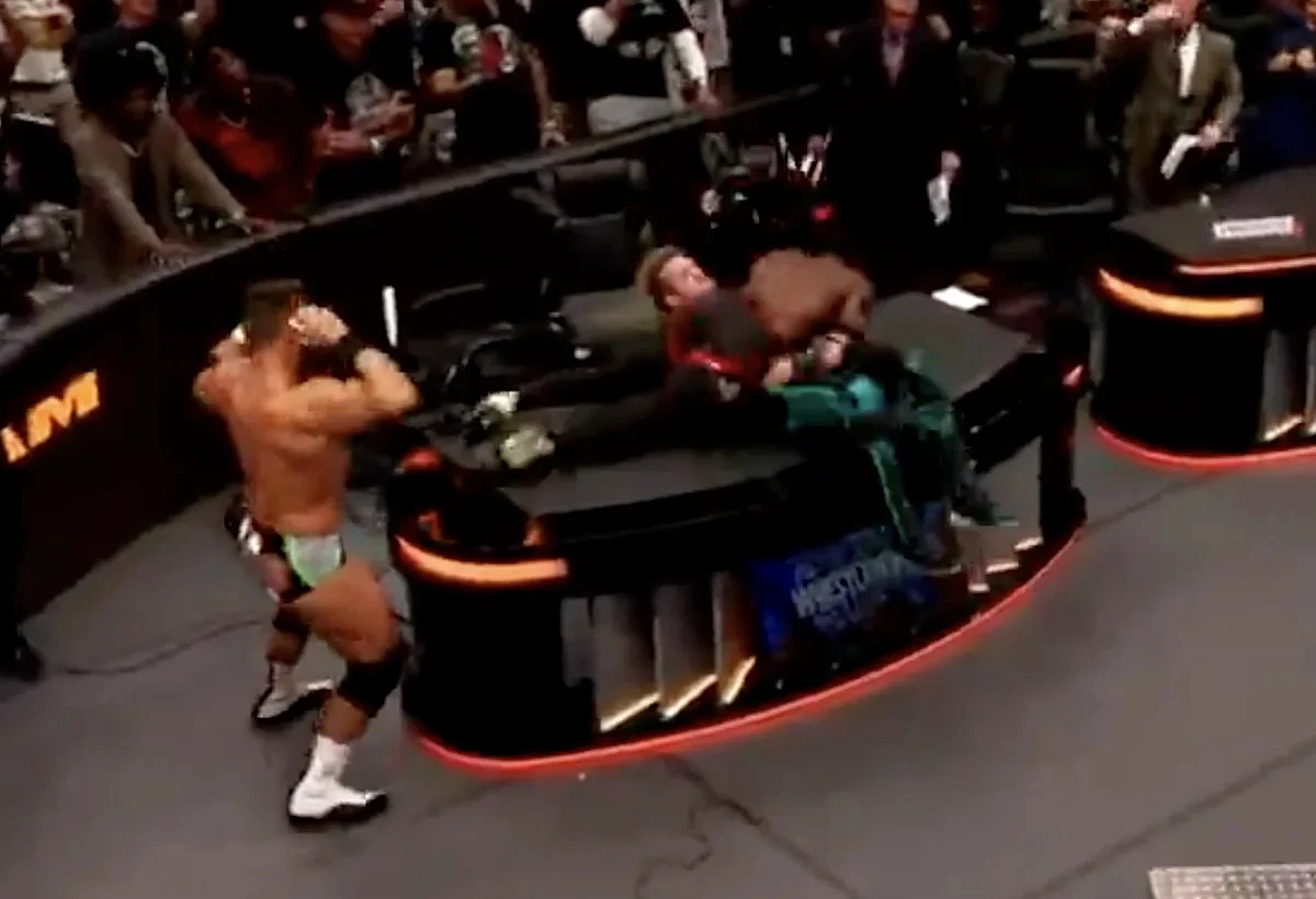Video: iShowSpeed frog splashes Logan Paul through the announcer’s table at WrestleMania 43